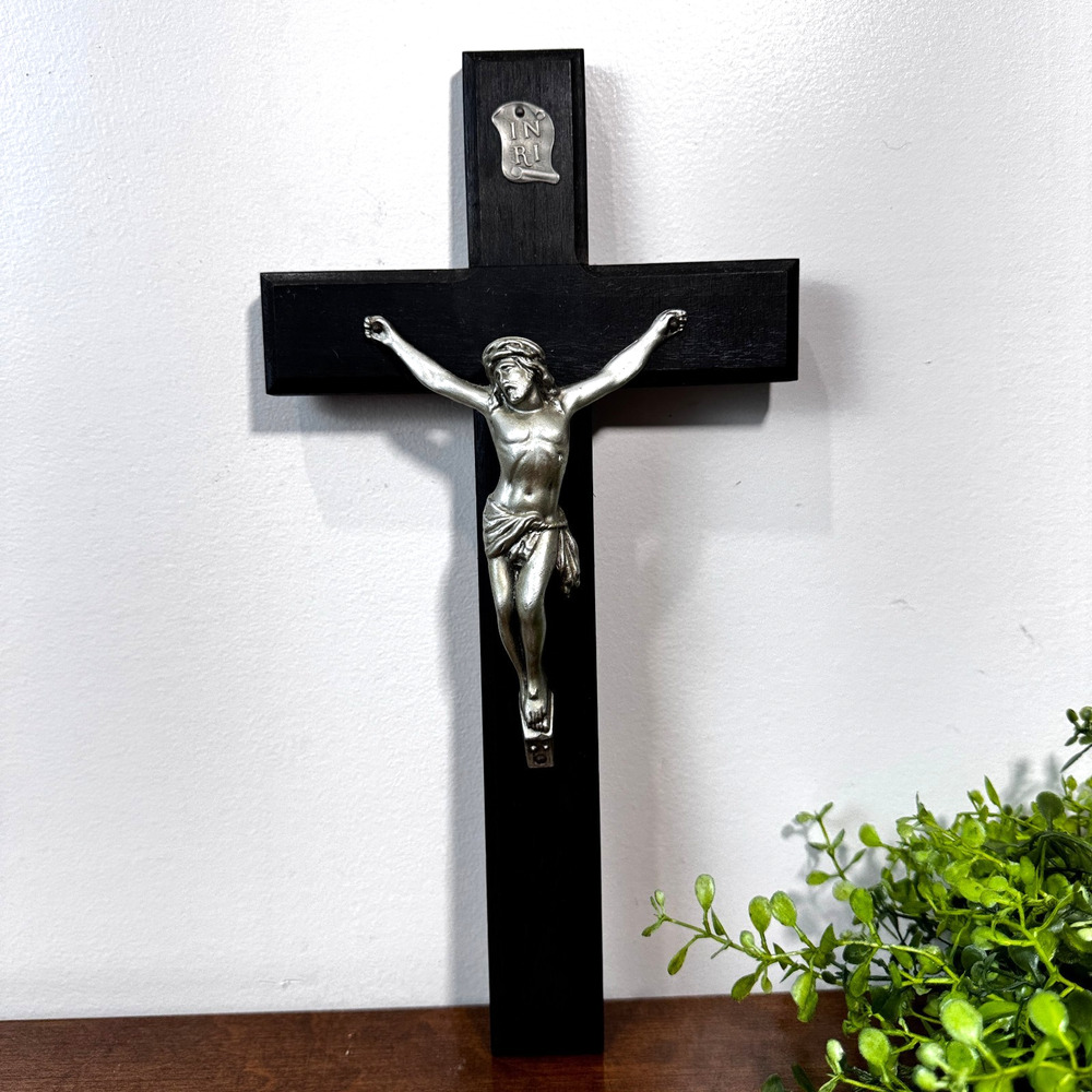 Vintage Jesus Crucifix 12” Cross Metal and Black Wood Pendant Holy Religious